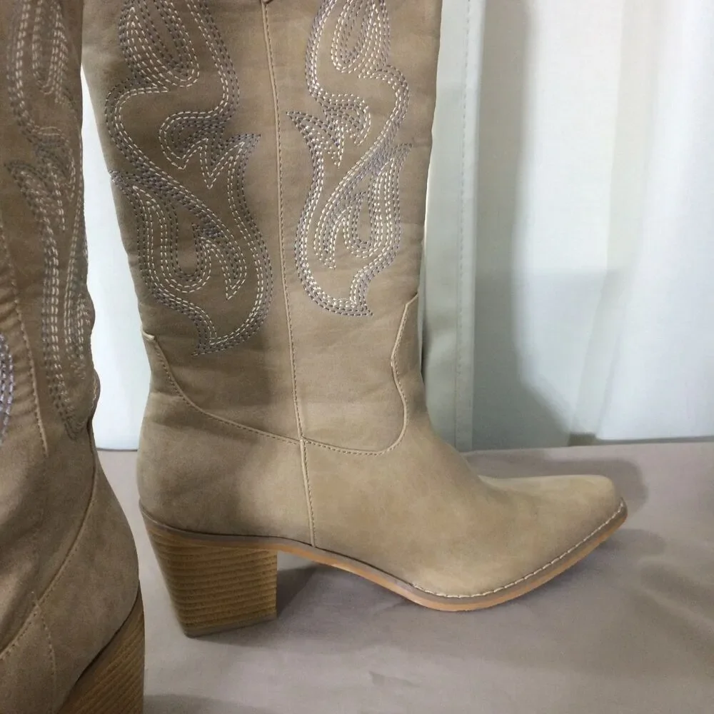 NEW Tan Cowboy Western Boots Embroidered Pointed Toe Faux Leather Size 8 - Picture 4 of 7